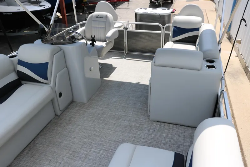 Slide: The Image of 2020 Qwest 818 EDGE pontoon boat interior with plush seating and modern design. - 18