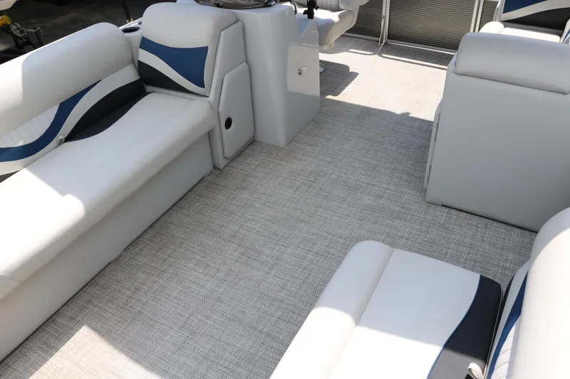 Slide: The Image of Interior seating of 2020 Qwest 818 EDGE pontoon boat with gray and blue upholstery. - 19