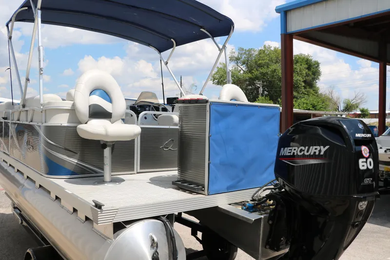 Slide: The Image of 2020 Qwest 818 EDGE pontoon boat with Mercury 60 outboard motor. - 6