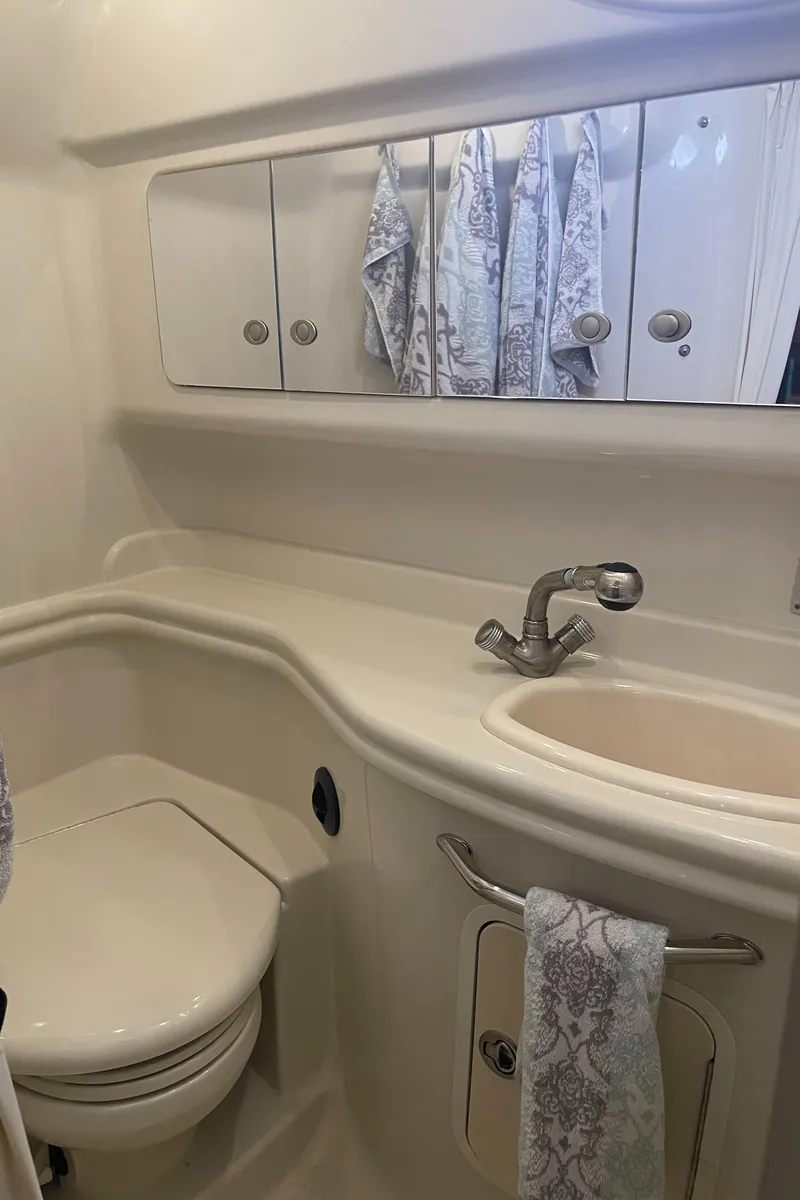 Slide: The Image of 2007 Sea Ray 340 Sundancer bathroom with sink, mirror, and toilet. - 16