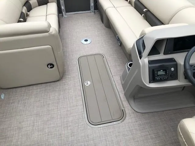 Slide: The Image of Interior of 2024 Sun Tracker Party Barge 22 XP3 pontoon boat with beige seating. - 14