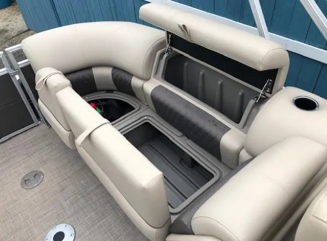 Slide: The Image of Sun Tracker Party Barge 22 XP3 2024 interior seating and storage compartments. - 26