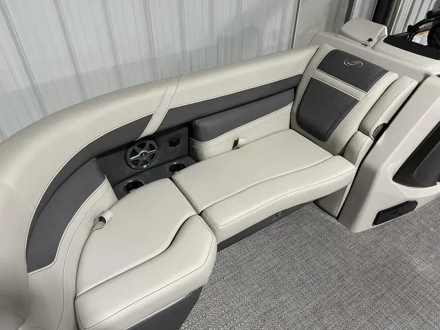 Slide: The Image of 2025 Barletta Cabrio C22UC boat seating, luxurious gray and black upholstery. - 14