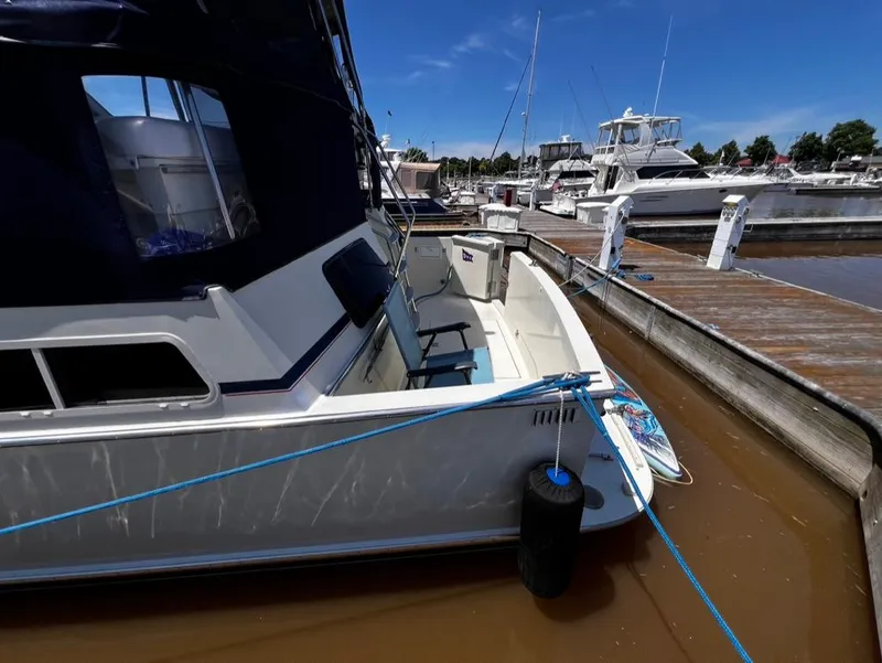 Slide: The Image of 1987 Tollycraft 44 Cockpit Motoryacht docked at a marina on a sunny day. - 7