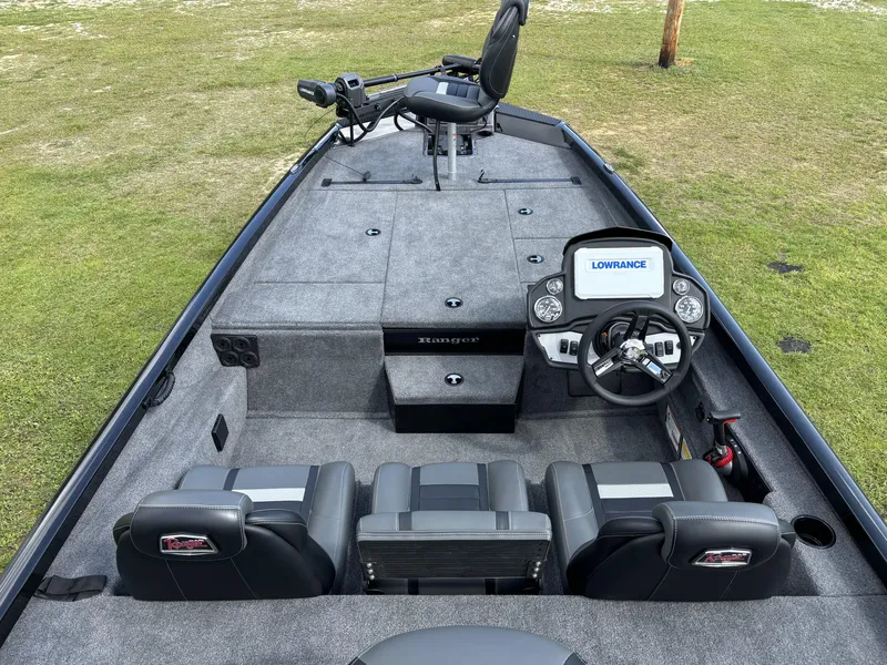 Slide: The Image of 2024 Ranger RT188P fishing boat interior with Lowrance electronics and seating. - 10