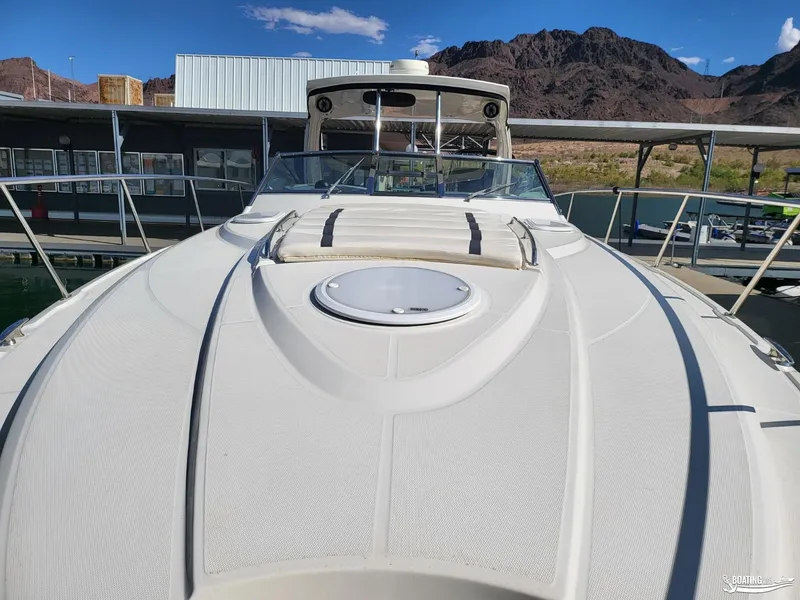 Slide: The Image of 2008 Monterey 350Sport Yacht docked at marina with mountainous backdrop. - 16