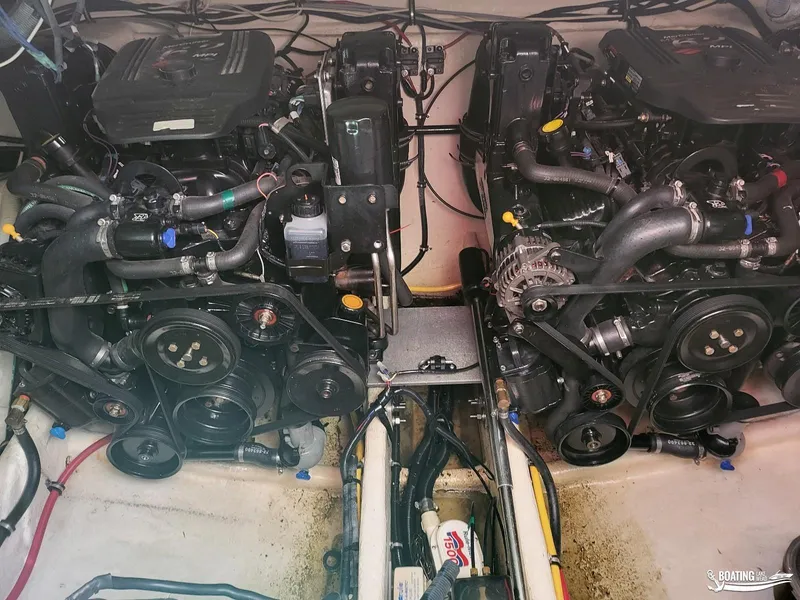 Slide: The Image of 2008 Monterey 350 Sport Yacht engine compartment with dual motors. - 32