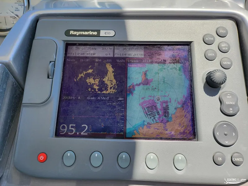 Slide: The Image of Raymarine C80 display on a 2008 Monterey 350 Sport Yacht showing navigation and sonar data. - 37