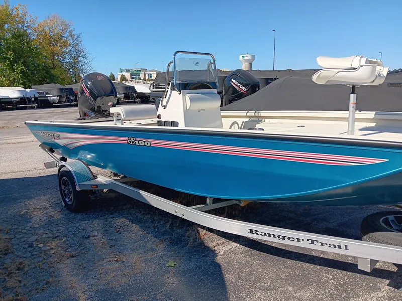 The Image of 2024 Ranger RB190 boat on trailer, blue hull, outdoor setting. - 0