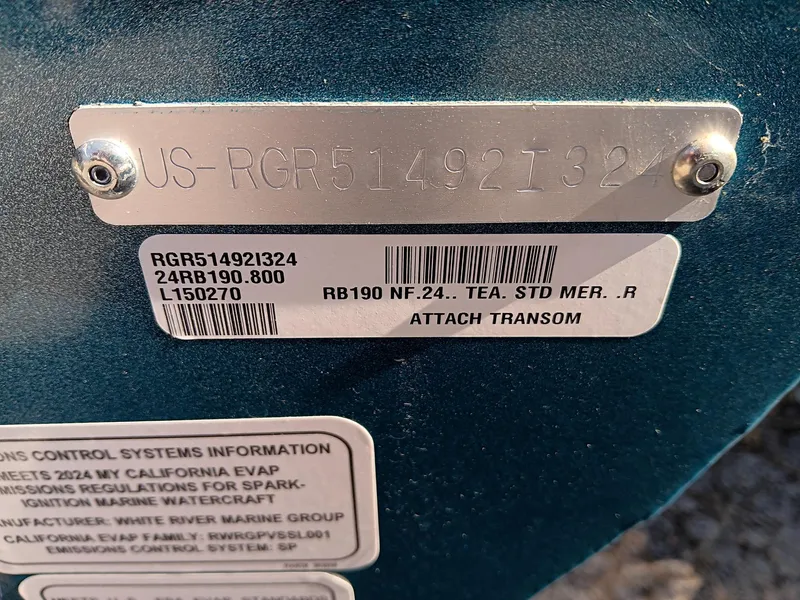 Slide: The Image of 2024 Ranger RB190 boat identification and compliance labels on transom. - 6