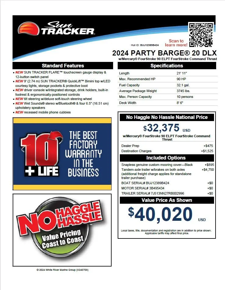 Slide: The Image of 2024 Sun Tracker Party Barge 20 DLX brochure with pricing and features. - 38