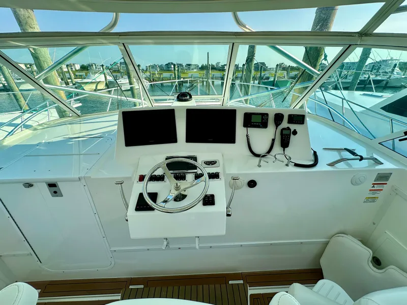 Slide: The Image of Helm of 2014 Albemarle 360 Express Fisherman with steering wheel and navigation equipment. - 13
