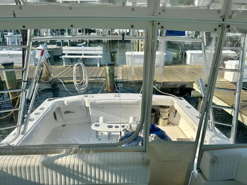Slide: The Image of 2014 Albemarle 360 Express Fisherman boat docked at marina, view from cabin. - 26
