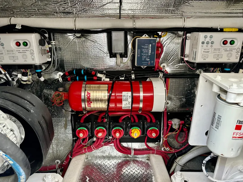 Slide: The Image of Engine room of 2014 Albemarle 360 Express Fisherman with fire suppression system and wiring. - 36