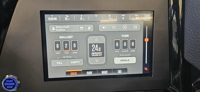 Slide: The Image of MasterCraft NXT22 2025 boat control panel displaying ballast and tabs settings. - 9