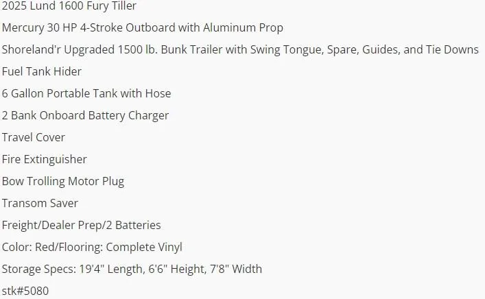 Slide: The Image of 2025 Lund 1600 Fury Tiller boat features and specifications list. - 6