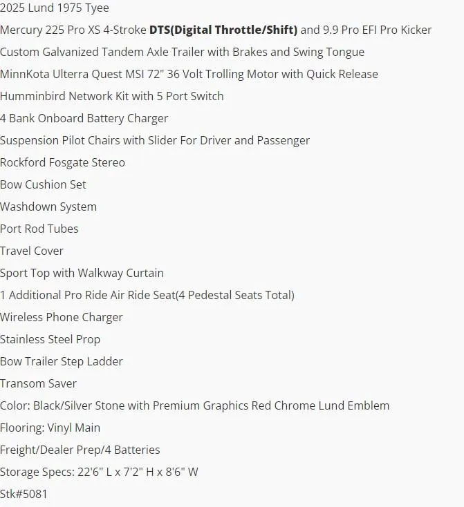 Slide: The Image of Text listing features of the 2025 Lund 1975 Tyee boat model. - 5