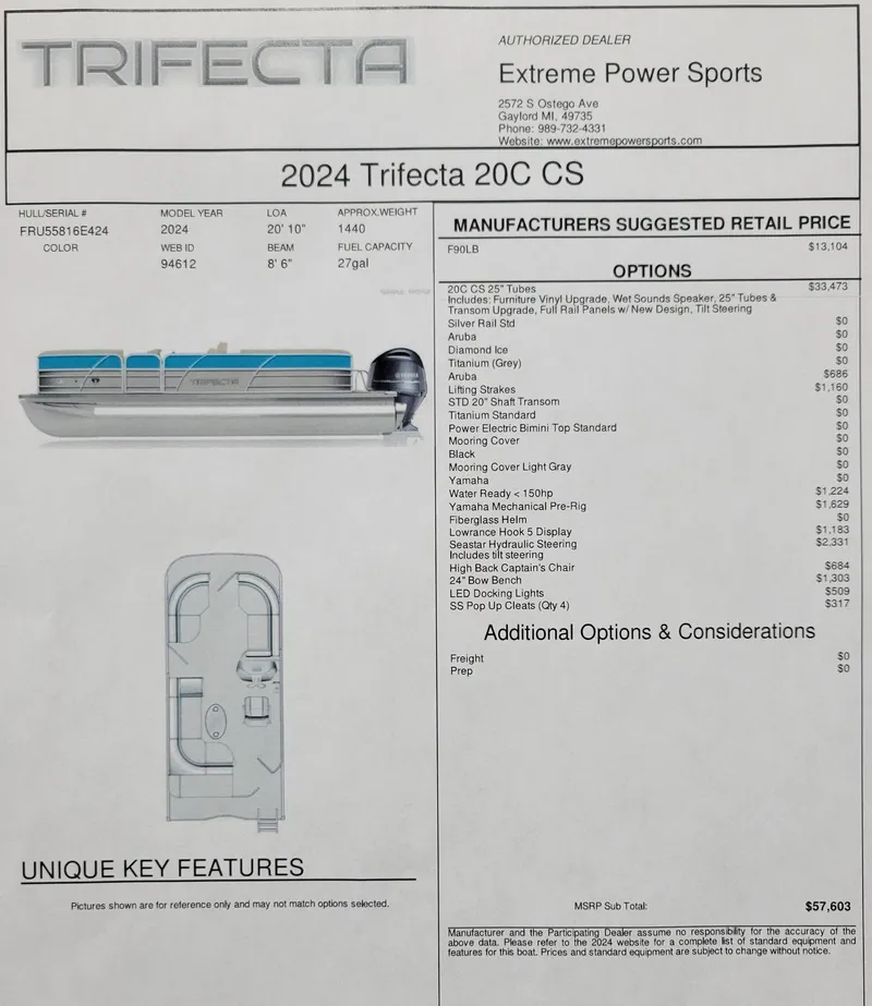Slide: The Image of 2025 Trifecta 20CCS pontoon boat brochure with features, options, and pricing details. - 10