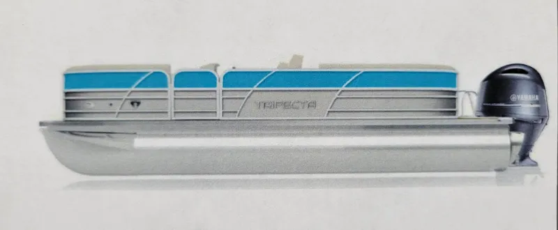Slide: The Image of 2025 Trifecta 20CCS pontoon boat with Yamaha outboard motor, side view. - 11