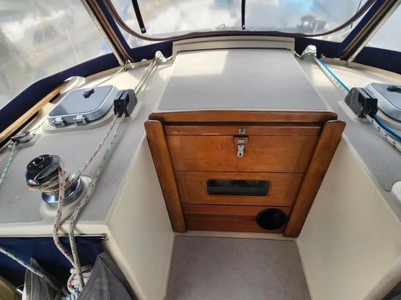 Slide: The Image of 1989 Island Packet 35 sailboat logo with blue canvas cover. - 18