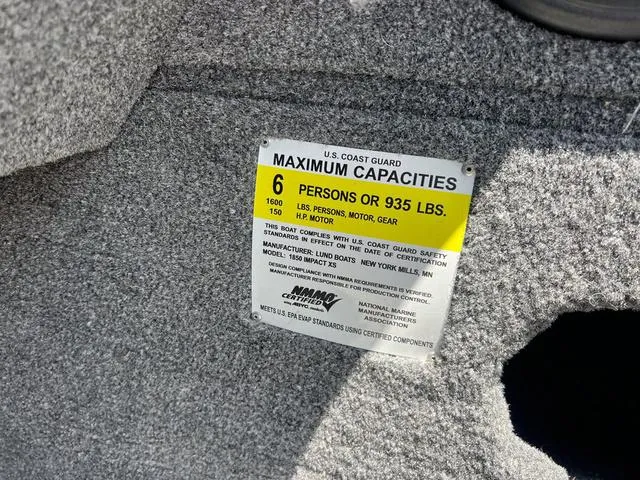Slide: The Image of 2017 Lund Impact XS 1850 capacity label, 6 persons or 935 lbs, U.S. Coast Guard compliant. - 30