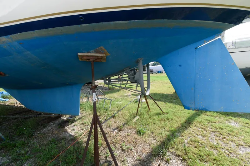 Slide: The Image of 1977 Gulfstar 50 Center Cockpit sailboat hull on stands for maintenance. - 3