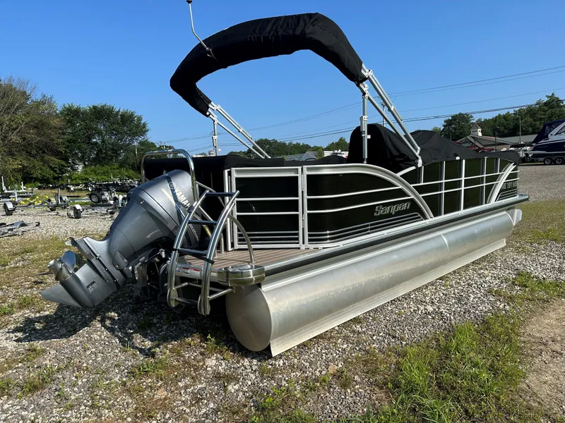 Slide: The Image of 2014 Sanpan SP2200BC3 pontoon boat with Yamaha engine on gravel lot. - 3
