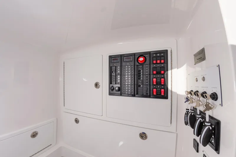 Slide: The Image of 2025 Valhalla V-41 boat electrical panel with switches and controls. - 20