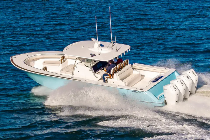 Slide: The Image of 2025 Valhalla Boatworks V-41 cruising on open water with powerful engines. - 24