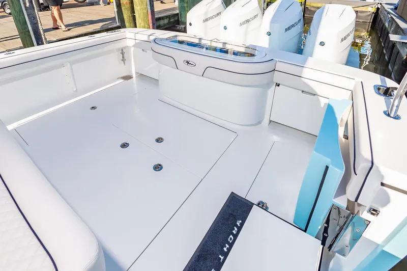 Slide: The Image of 2025 Valhalla Boatworks V-41 deck with Mercury outboard engines. - 6