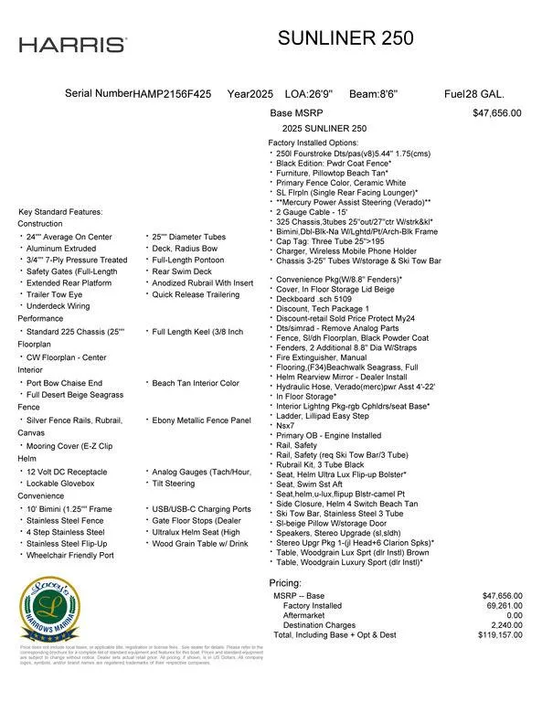 Slide: The Image of 2025 Harris Sunliner 250 specifications and pricing details, featuring key standard features and optional upgrades. - 15