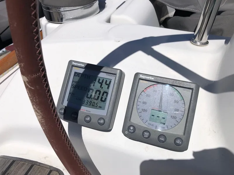 Slide: The Image of Beneteau 40 2008 sailboat cockpit with Raymarine depth and speed instruments. - 22