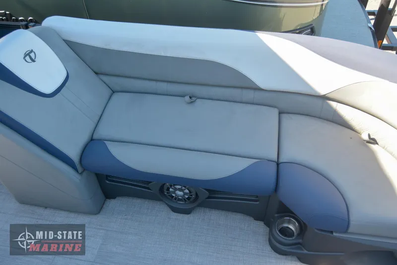 Slide: The Image of 2023 Tahoe Pontoon LTZ Elite boat seating with Mid-State Marine logo. - 11