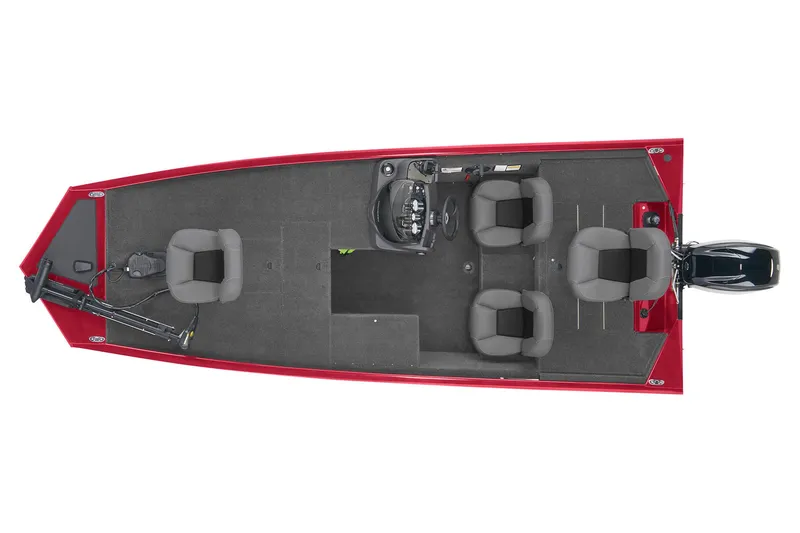 Slide: The Image of 2024 Tracker Pro 170 boat, top view, red exterior, four seats, motor at rear. - 3