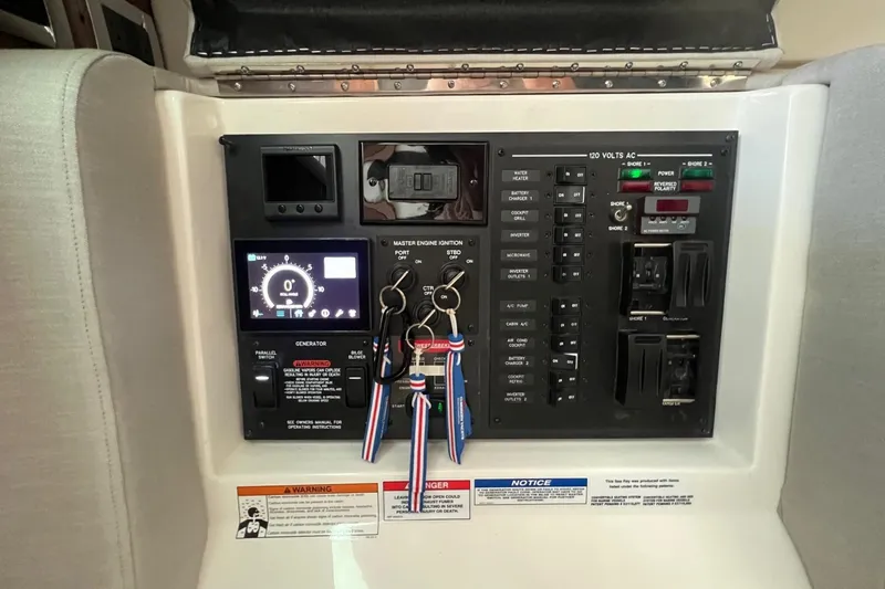 Slide: The Image of Control panel of a 2023 Sea Ray Sundancer 370 OB boat with keys hanging. - 44