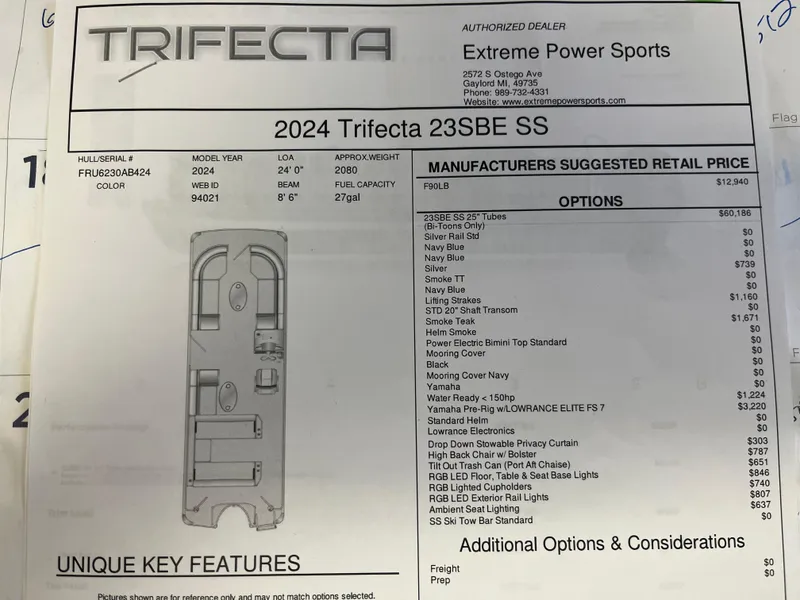 Slide: The Image of 2024 Trifecta 23SBESS boat specifications and options list from Extreme Power Sports. - 11