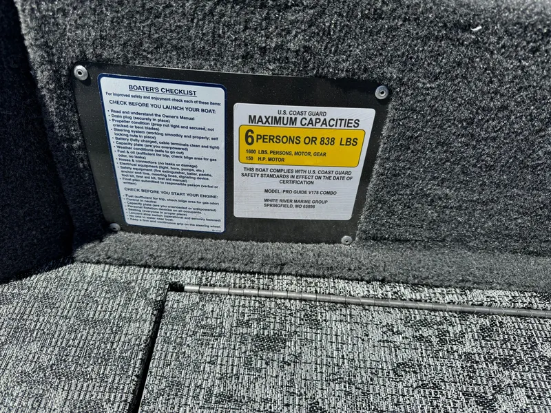 Slide: The Image of 2024 Tracker Pro Guide V-175 Combo boat capacity and safety checklist. - 9