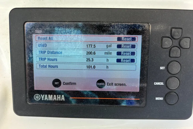 Slide: The Image of Yamaha boat trip meter display showing fuel usage, trip distance, and hours. - 20
