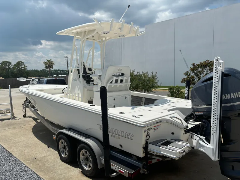 Slide: The Image of 2021 Pathfinder 2500 Hybrid boat on a trailer with Yamaha outboard motor. - 3