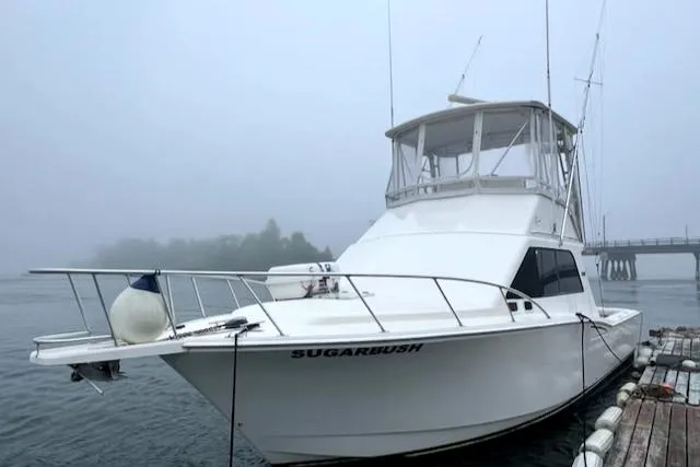 Slide: The Image of 2002 Cabo 35 Flybridge boat docked in foggy marina. - 2