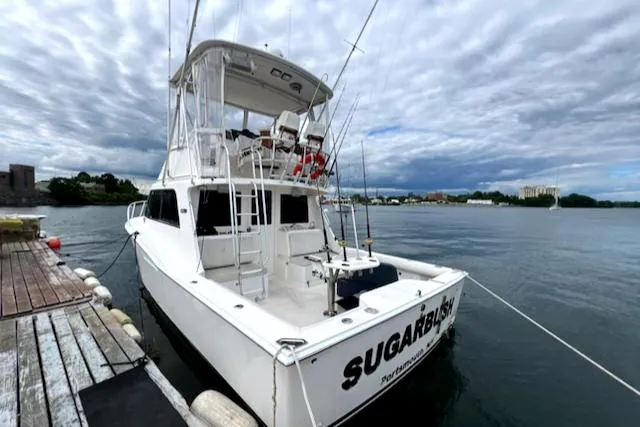 Slide: The Image of 2002 Cabo 35 Flybridge boat docked by the pier under cloudy skies. - 3