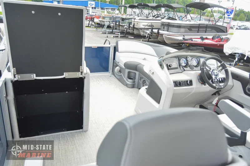 Slide: The Image of 2024 Tahoe Pontoon LTZ Quad Lounger interior at Mid-State Marine dealership. - 22