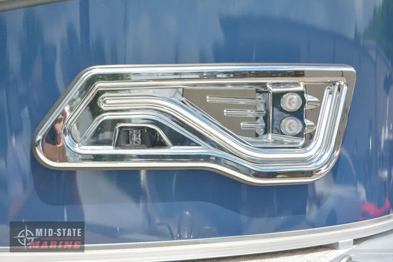 Slide: The Image of Close-up of 2024 Tahoe Pontoon LTZ Quad Lounger chrome detail. - 6