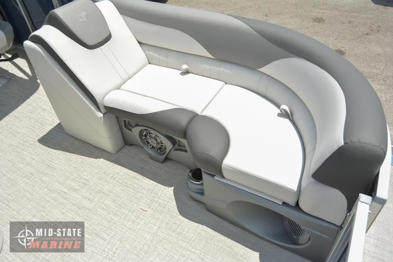 Slide: The Image of 2024 Tahoe Pontoon LTZ Quad Lounger seating area with Mid-State Marine logo. - 8