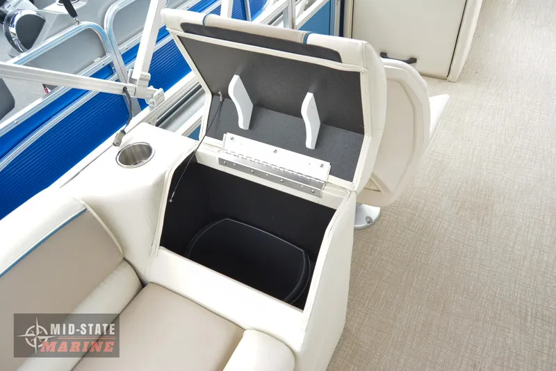 Slide: The Image of 2024 Tahoe Pontoon Sport 85 Quad Lounger storage compartment with cup holder. - 18