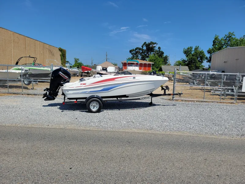 Slide: The Image of 2024 Tahoe T16 boat on trailer in outdoor storage area. - 5