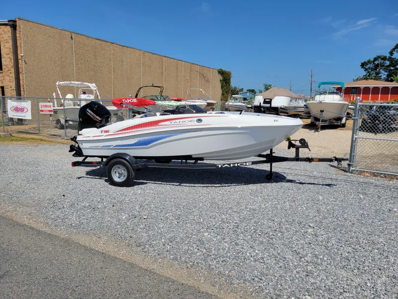 Slide: The Image of 2024 Tahoe T16 boat on a trailer in a boatyard. - 6