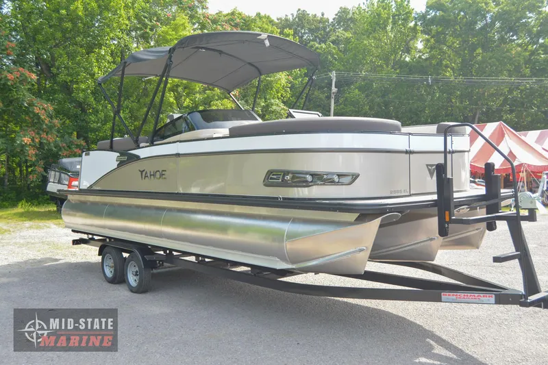 Slide: The Image of 2024 Tahoe Pontoon Cascade Elite Windshield on trailer at Mid-State Marine. - 0
