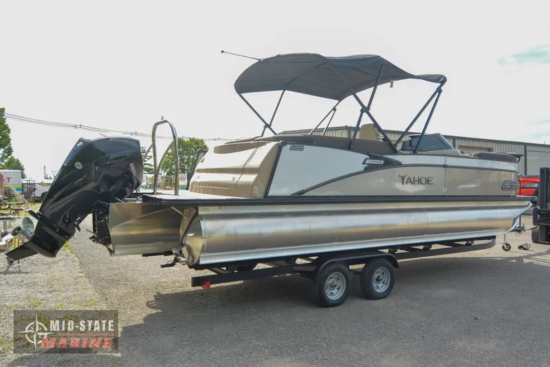 Slide: The Image of 2024 Tahoe Pontoon Cascade Elite Windshield on trailer at Mid-State Marine. - 1