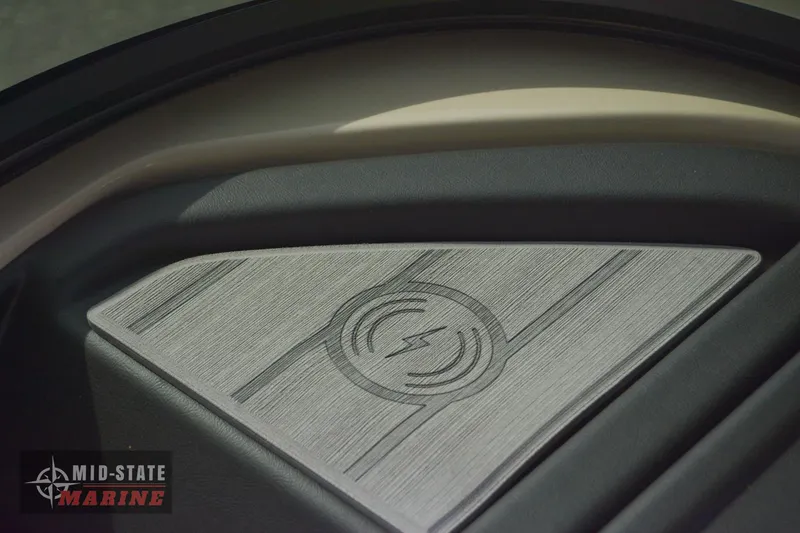 Slide: The Image of 2024 Tahoe Pontoon Cascade Elite Windshield interior detail with Mid-State Marine logo. - 18